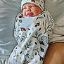 baby, sleeping, swaddled, blanket, hat, koala_pattern, infant, bed, bedding, soft, peaceful, cute, newborn, resting, cozy, face, tongue, child, wrapped, indoors