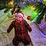 Jasper is registered to the contest to win money with this photo: baby, christmas_tree, christmas_lights, santa_hat, plaid_clothing, ornament, blanket, holiday, smiling, infant, festive, decorations, greenery, indoors, cute, cozy, feet, red, white, happy