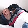 Tmax participe au concours pour gagner de l'argent avec cette photo : man, dog, sleeping, snuggling, bed, blanket, pillow, indoor, cozy, resting, casual, comfort, close_up, friendship, pet, companion, relaxation, human, animal, bond
