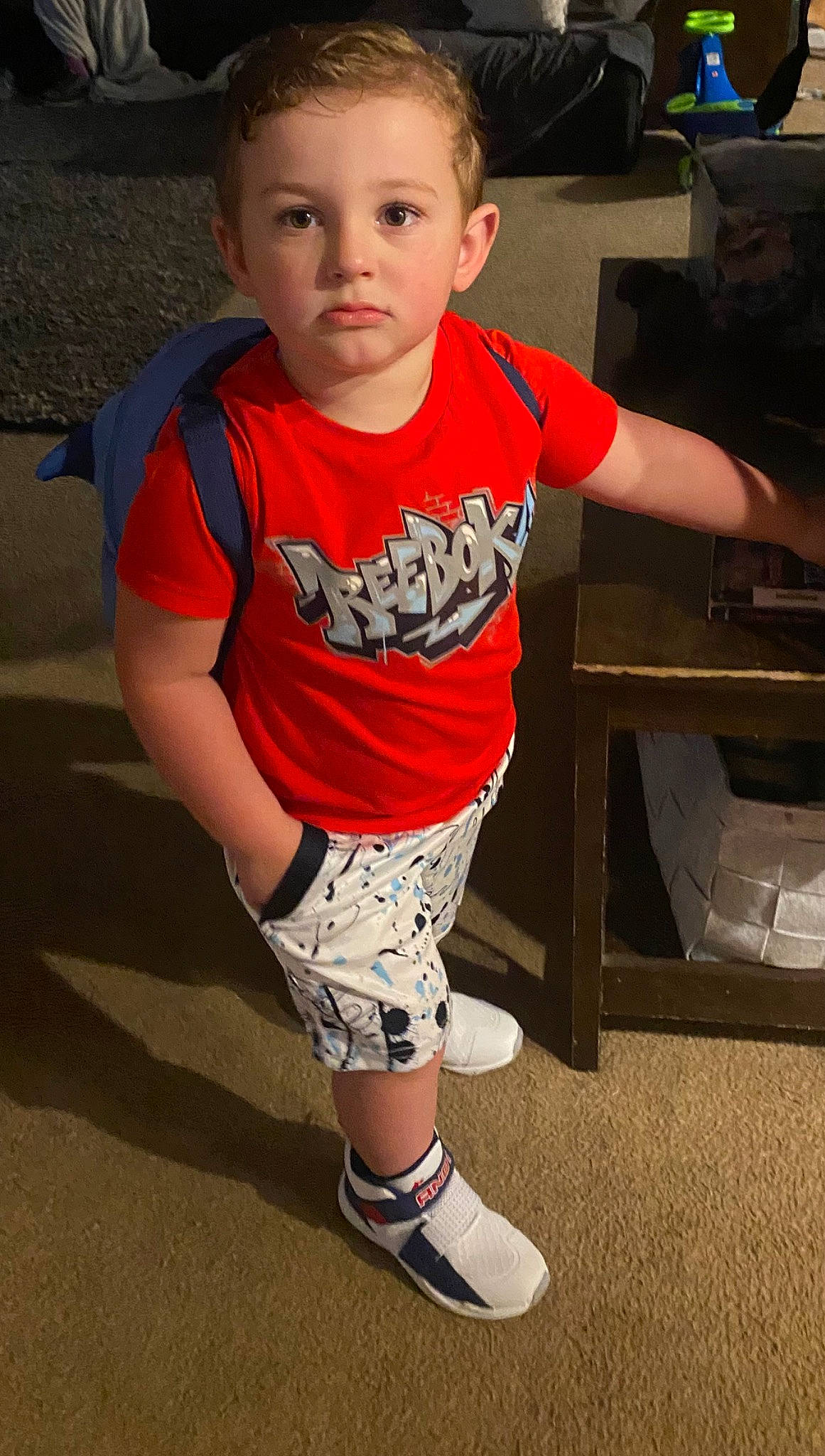 Jett is registered to the contest to win money with this photo: baby_toddler_clothing, child, clothing, cool, face, fun, hairstyle, happy, head, joint, knee, leg, neck, organ, person, shorts, sleeve, standing, t_shirt, thigh