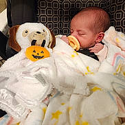 Juniper is registered to the contest to win money with this photo: baby, newborn, car_seat, pacifier, blanket, plush_toy, dog_plush, pumpkin, sleeping, infant, cozy, soft, cute, child, indoors, fabric, pattern, comfort, resting, wrapped