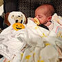 baby, newborn, car_seat, pacifier, blanket, plush_toy, dog_plush, pumpkin, sleeping, infant, cozy, soft, cute, child, indoors, fabric, pattern, comfort, resting, wrapped