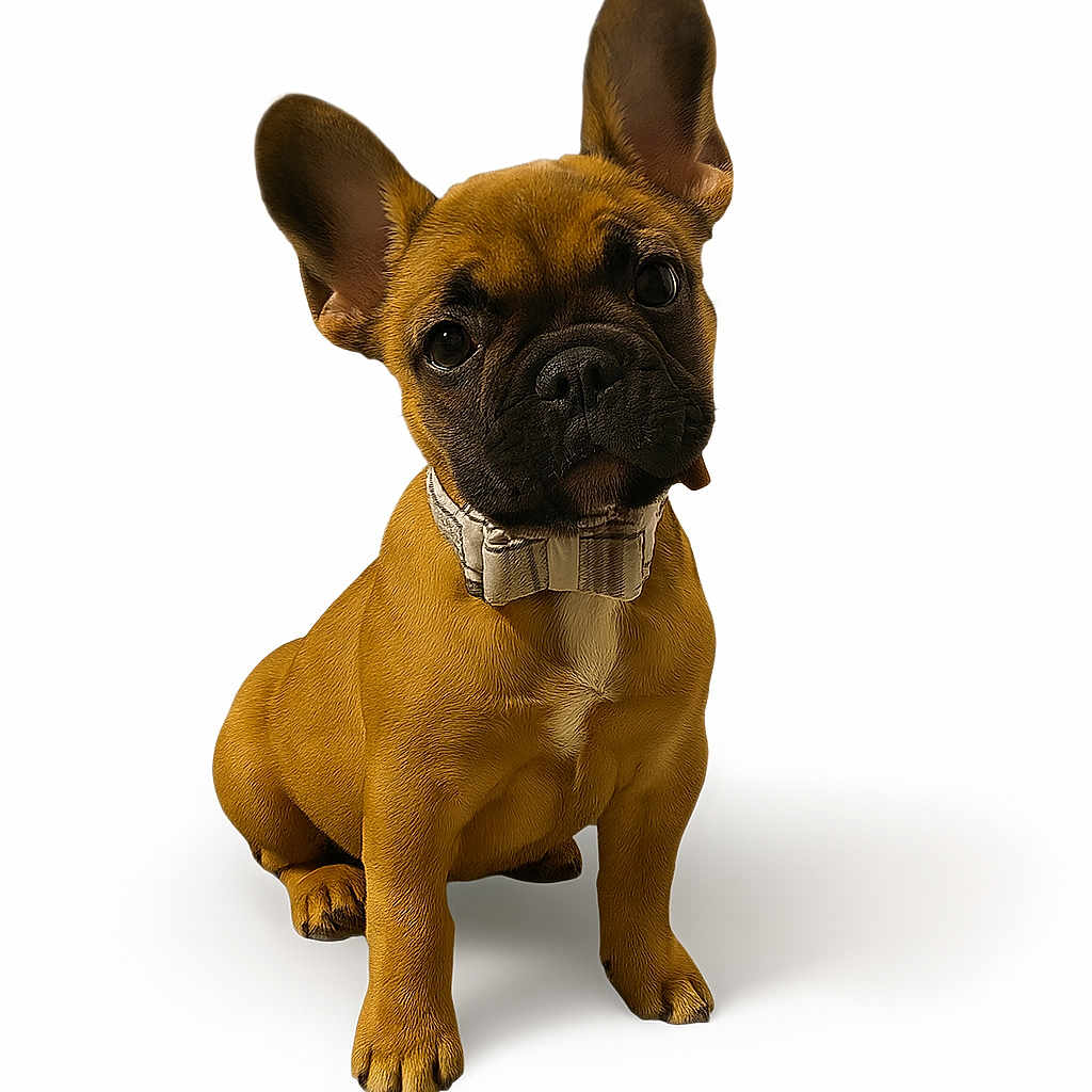 Thaï participe au concours pour gagner de l'argent avec cette photo : adorable, animal, bow_tie, brown_fur, canine, cute, dog, domestic_animal, ears, french_bulldog, looking_up, pet, pet_accessory, portrait, puppy, sitting, small_dog, studio, white_background, young_dog