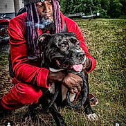 Doltch a rejoint le concours — aidez-le/la à gagner de superbes lots ! man, dog, outdoor, grass, smoke, cigar, beanie, purple_hair, dreadlocks, red_clothing, tongue_out, pet, leash, trees, cloudy_sky, trailer, motorcycle, hand, kneeling, portrait
