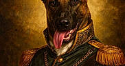 Riley a rejoint le concours — aidez-le/la à gagner de superbes lots ! dog, portrait, military_uniform, regal, vintage, ornate, gold_details, chain, buttons, ears, tongue, smiling, brown_dog, black_nose, classical_style, painting_style, fancy_clothing, historical, decorative, canine