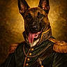 dog, portrait, military_uniform, regal, vintage, ornate, gold_details, chain, buttons, ears, tongue, smiling, brown_dog, black_nose, classical_style, painting_style, fancy_clothing, historical, decorative, canine