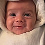 baby, smiling, face, closeup, towel, white, cute, infant, child, portrait, soft, cozy, hooded, expression, skin, eyes, mouth, newborn, warm, wrapped
