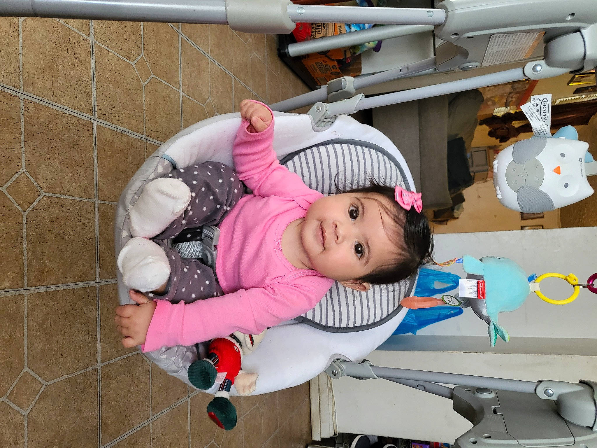 Serena joined the competition — help win amazing prizes! baby, baby_carriage, baby_products, baby_toddler_clothing, child, fun, machine, person, pink, plastic, room, toddler, white