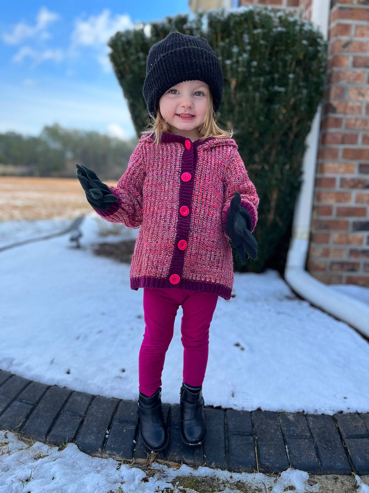 Ansley Lewis joined the competition — help win amazing prizes! cap, cloud, eye, face, freezing, fun, grass, headgear, headwear, joy, lip, magenta, outerwear, person, pink, plant, purple, sky, sleeve, snow