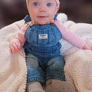 Ivy is registered to the contest to win money with this photo: baby, infant, blue_eyes, headband, bow, denim_overalls, pink_shirt, cozy_blanket, soft_lighting, portrait, sitting, small_hands, baby_booties, smiling, close_up, adorable, shallow_depth_of_field, fabric_texture, indoor, cute_expression