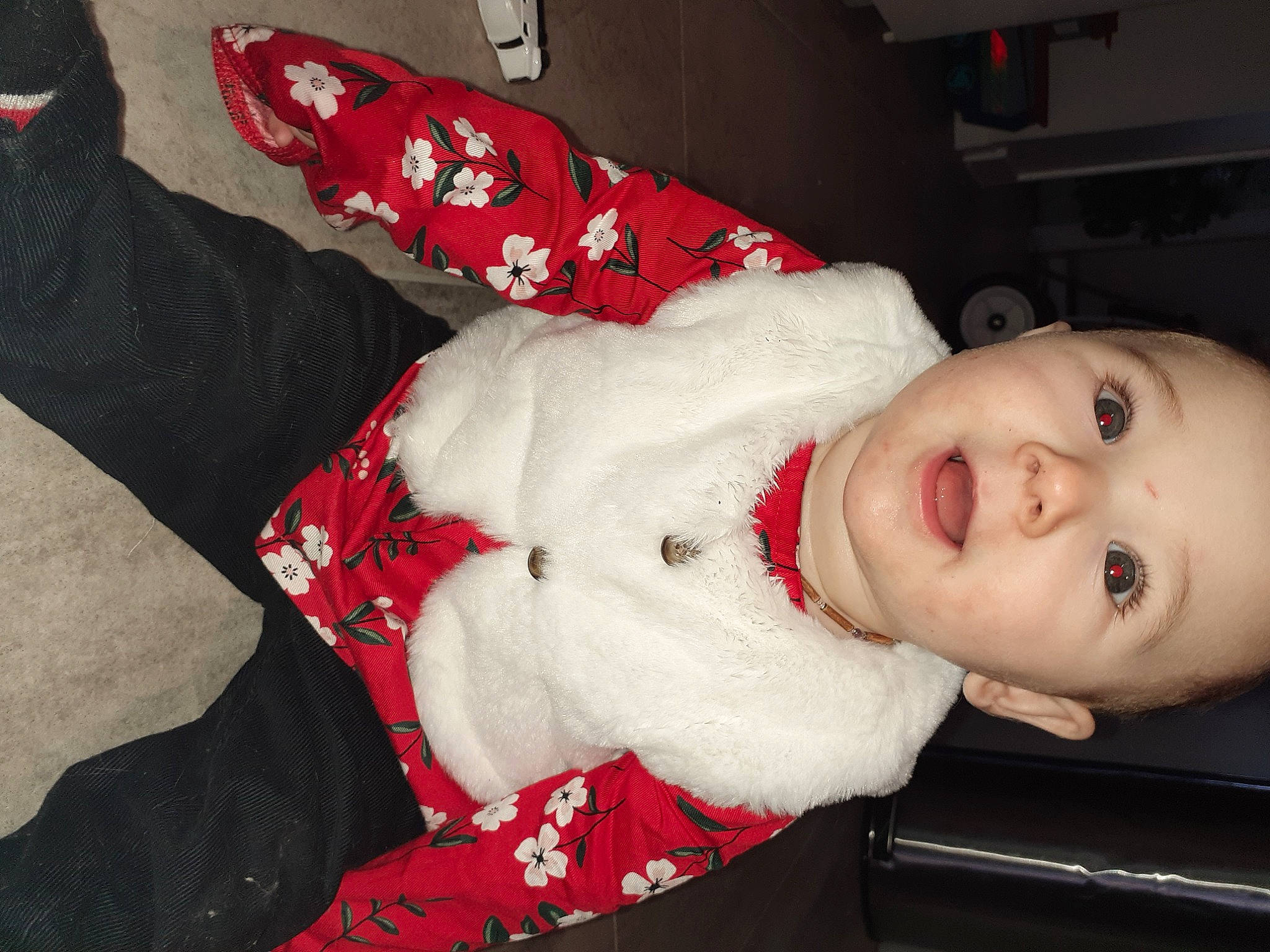 Alyssa Lambert a rejoint le concours — aidez-le/la à gagner de superbes lots ! baby, baby_toddler_clothing, carmine, cheek, child, comfort, fur, head, holiday, human_body, human_leg, lap, mammal, pattern, person, sitting, sleeve, smile, toddler, tree