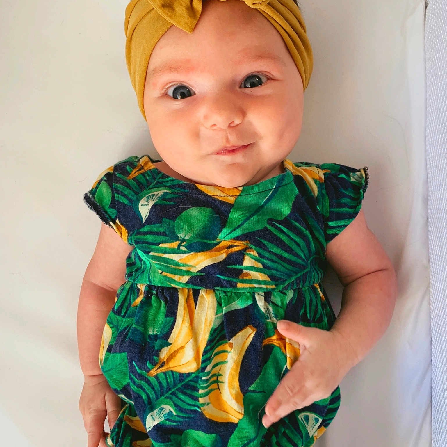 Rowan joined the competition — help win amazing prizes! baby, baby_products, baby_toddler_clothing, child, child_model, clothing, costume_accessory, dress, fashion_accessory, fictional_character, green, hair_accessory, headband, headgear, pattern, plant, product, sleeve, toddler