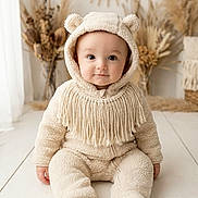 Jeremiah joined the competition — help win amazing prizes! baby, child, infant, cute, fluffy_clothing, hood, bear_ears, sitting, indoor, white_floor, boho_style, dried_plants, neutral_colors, portrait, smiling, young_child, soft_texture, decor, cozy, cute_outfit