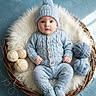 Jeremiah joined the competition — help win amazing prizes! baby, infant, blue_knitwear, pom_pom_hat, wicker_basket, fluffy_blanket, yarn_balls, cozy, cute, portrait, knitting, handmade, child, soft_texture, warm_clothing, indoors, floor, looking_at_camera, newborn, small_hands