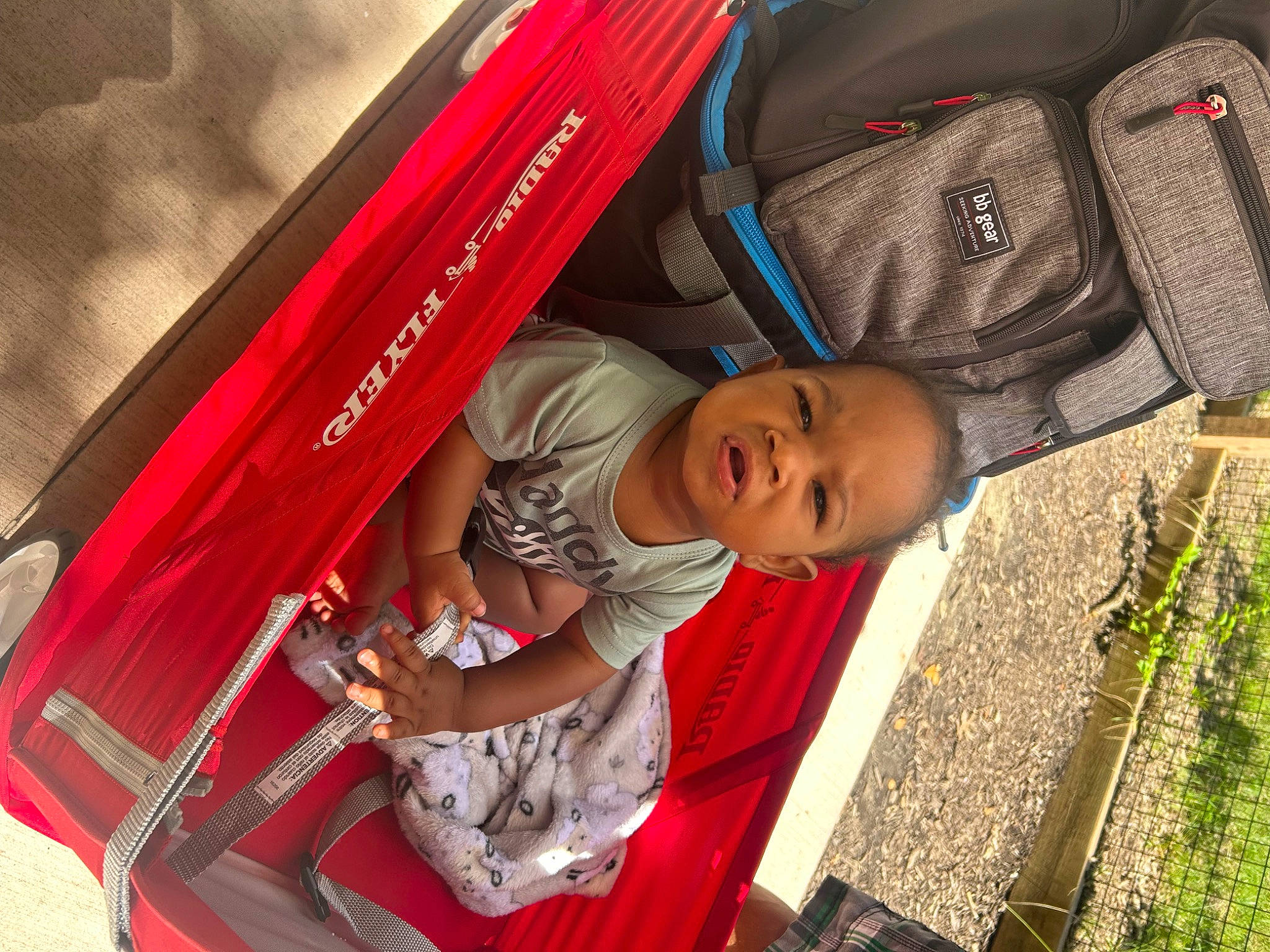 King joined the competition — help win amazing prizes! auto_part, automotive_exterior, baby, baby_carriage, baby_products, bag, child, fun, grass, happy, leisure, magenta, motor_vehicle, person, plant, recreation, sitting, toddler, travel, tree