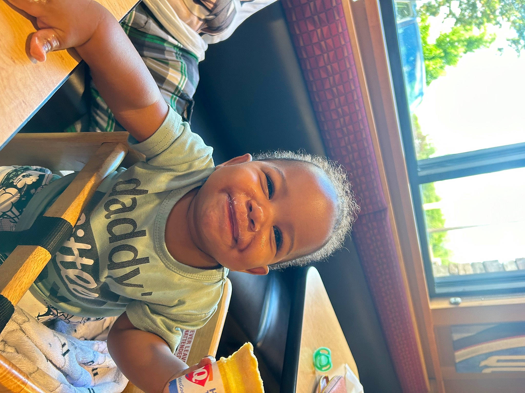 King joined the competition — help win amazing prizes! baby, child, fun, happy, hat, joy, laugh, leisure, person, play, recreation, room, sitting, smile, t_shirt, toddler, tree, vacation, wood