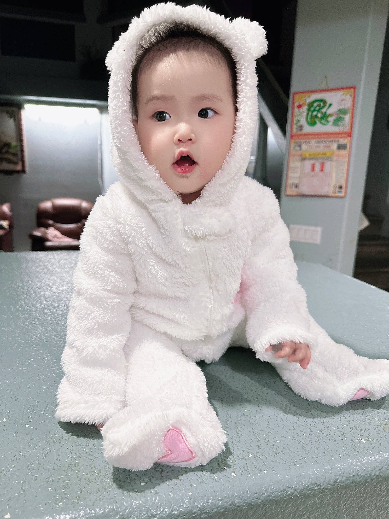 Kim joined the competition — help win amazing prizes! baby, baby_safety, baby_toddler_clothing, beanie, cheek, child, flooring, fun, fur, happy, headgear, nose, person, pink, portrait_photography, sitting, sleeve, smile, surprise, toddler