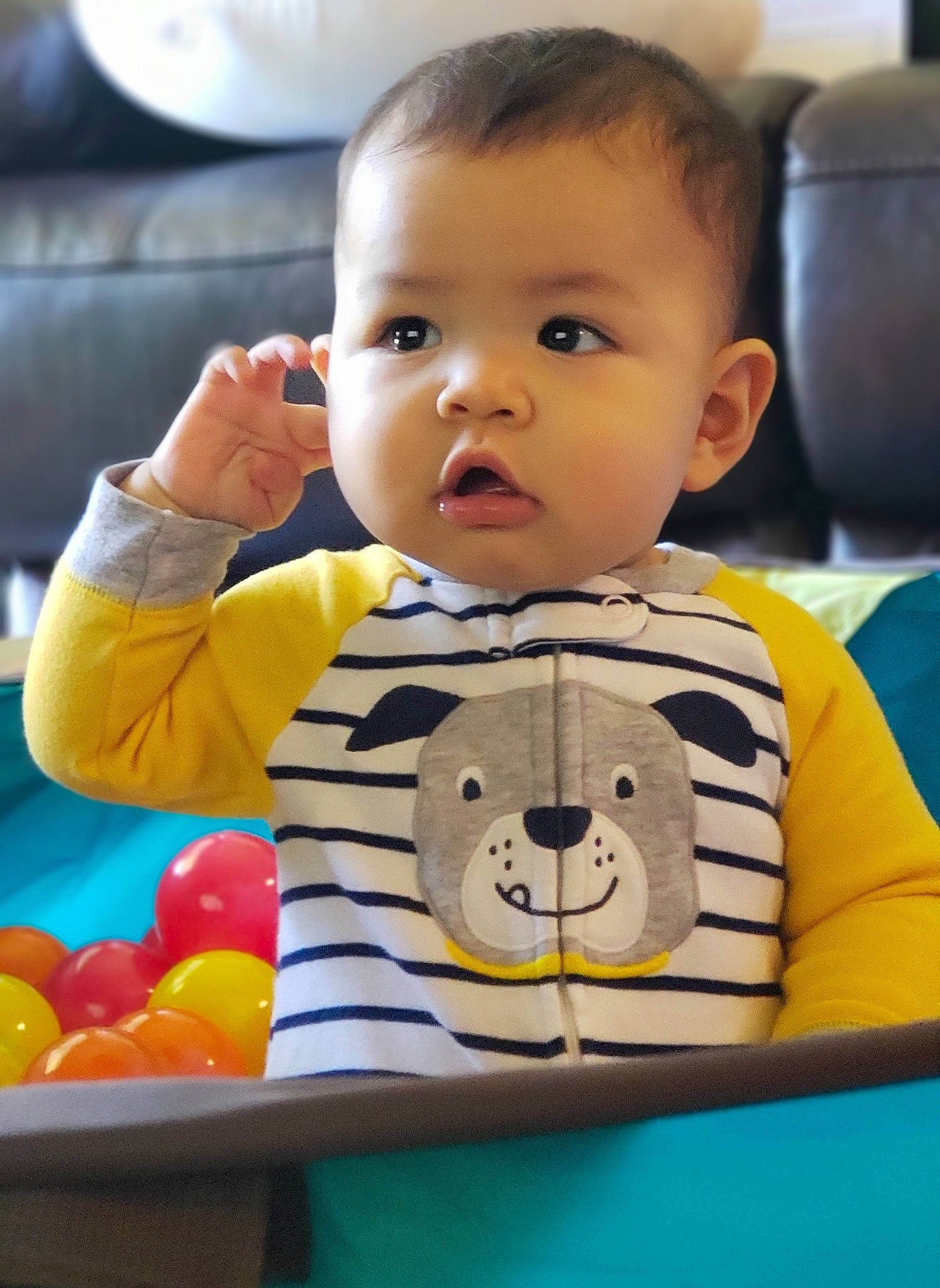 Sebastian joined the competition — help win amazing prizes! baby, baby_playing_with_toys, baby_products, beauty, cheek, child, face, leisure, person, play, product, sitting, skin, smile, toddler, toy, yellow