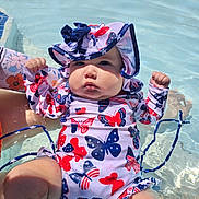 Isabella is registered to the contest to win money with this photo: baby, butterfly_pattern, child, chubby_cheeks, colorful_clothing, cute, hat, holiday, infant, outdoor, person, pool, raised_fists, shiny_water, sitting, skin, summer, sun_hat, swimsuit, water