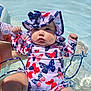 baby, butterfly_pattern, child, chubby_cheeks, colorful_clothing, cute, hat, holiday, infant, outdoor, person, pool, raised_fists, shiny_water, sitting, skin, summer, sun_hat, swimsuit, water