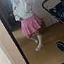 boots, cardigan, casual, clothing, door, fashion, flash, floor, flower, footwear, hand, handle, indoor, mirror, person, pink_skirt, reflection, room, selfie, stroller