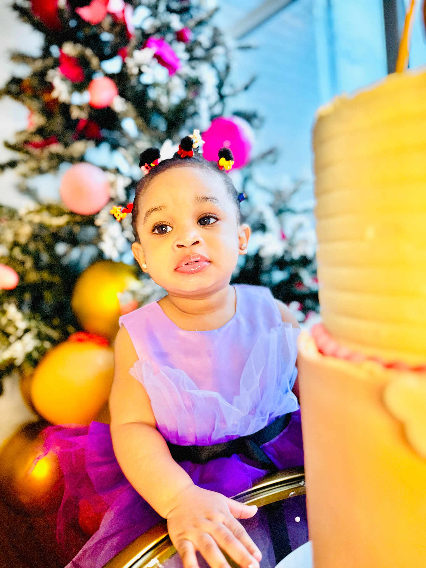 Diamond joined the competition — help win amazing prizes! baby, child, toddler, dress, purple, cake, birthday, christmas_tree, ornaments, holiday, celebration, festive, smile, face, hair_buns, indoor, party, person, cute, decorations