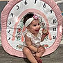 baby, child, smiling, headband, flower, sitting, floor, play_mat, pink, white, numbers, floral_pattern, cute, happy, indoors, wooden_floor, clothing, holding_object, portrait, infant