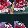 baby, child, infant, girl, bow, red_clothing, blanket, pink_blanket, pacifier, green_chair, sunlight, outdoor, cute, sitting, portrait, multiple_images, collage, hand, smiling, baby_clothes