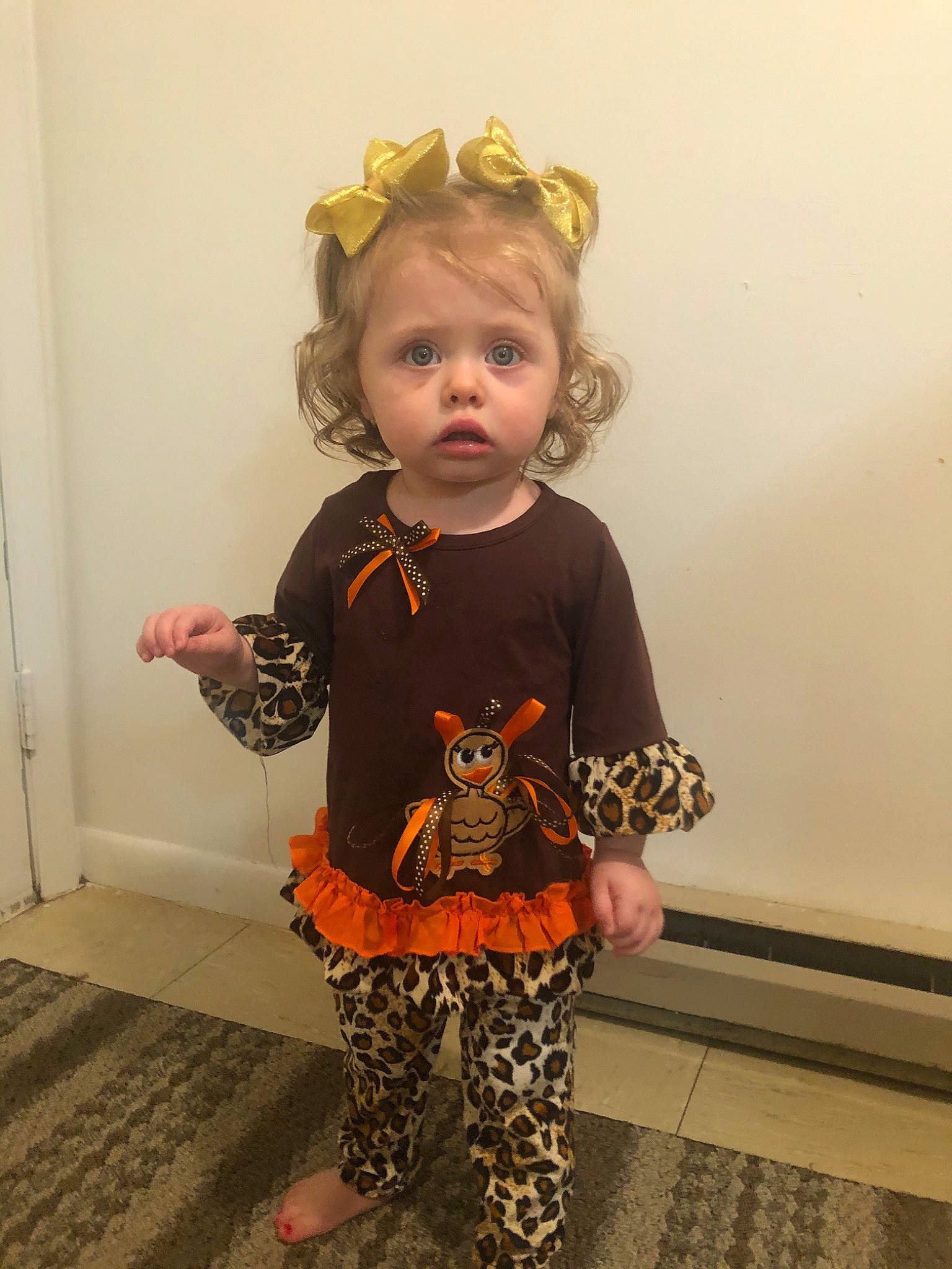 Adilynn joined the competition — help win amazing prizes! child, costume, dress, face, head, leggings, person, sleeve, surprise, toddler