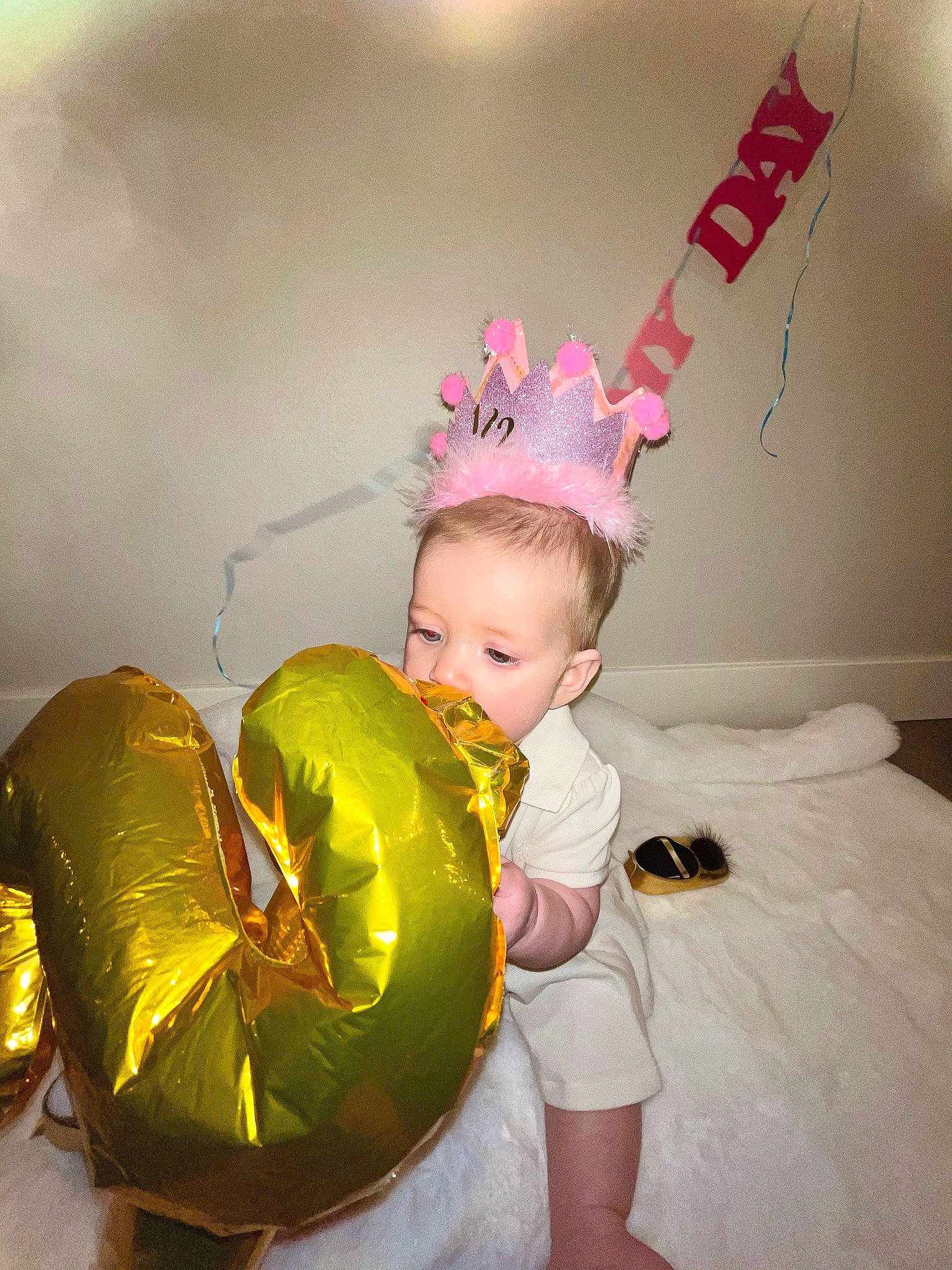Demi joined the competition — help win amazing prizes! baby, baby_toddler_clothing, costume_hat, crown, event, eye, fashion_accessory, flash_photography, fun, happy, hat, headband, headpiece, human_body, magenta, party_supply, peach, people_in_nature, person, plant