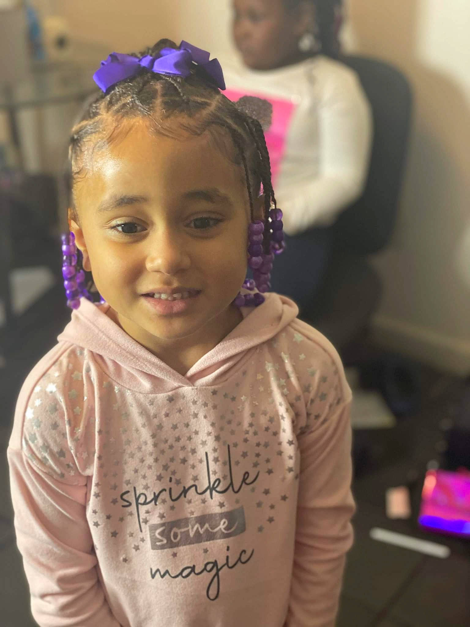 Zendaya is registered to the contest to win money with this photo: audio_equipment, autograph, cheek, ear, event, eyebrow, eyewear, face, fashion_accessory, forehead, fun, hair, hair_tie, happy, head, jewellery, joy, person, purple, skin