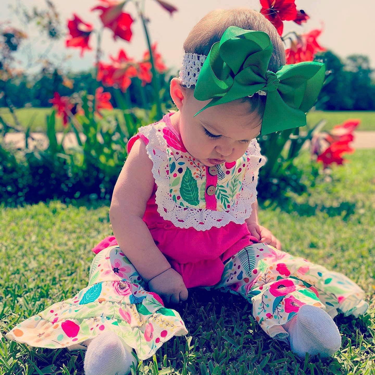Kayzlen joined the competition — help win amazing prizes! baby, baby_toddler_clothing, child, design, dress, flower, footwear, grass, hair_accessory, headgear, pattern, person, petal, pink, plant, play, sitting, smile, spring, summer