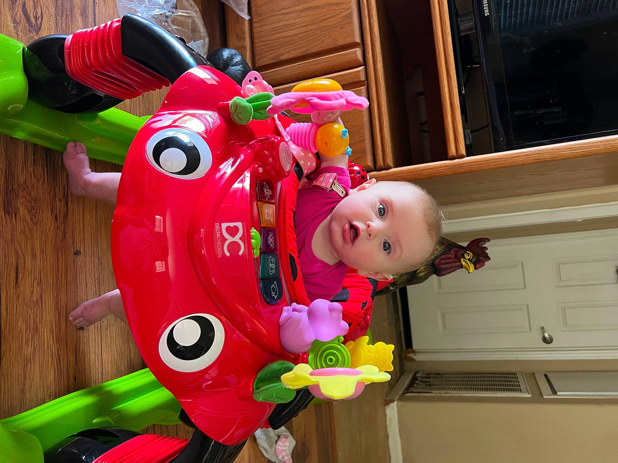 Delilah is registered to the contest to win money with this photo: baby, baby_toddler_clothing, cabinetry, carmine, costume, door, drawer, event, flower, fun, happy, magenta, person, pink, plant, smile, surprise, textile, toddler, toy