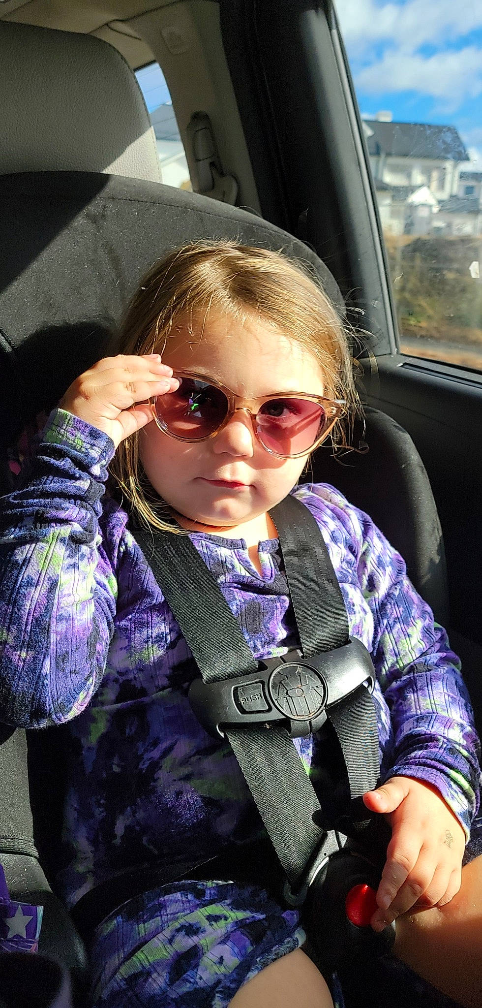 Makenna joined the competition — help win amazing prizes! auto_part, automotive_exterior, car_seat, car_seat_cover, cool, eyewear, fun, glasses, goggles, lip, motor_vehicle, person, personal_protective_equipment, purple, seat_belt, sunglasses, toddler, vehicle_door, vertebrate, vision_care