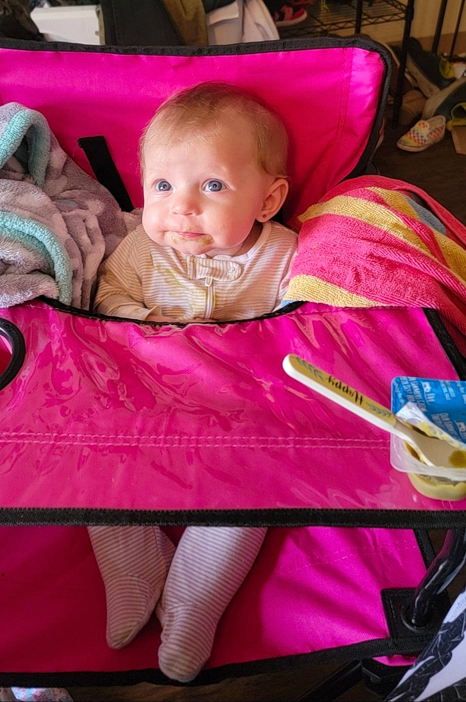 Juniper joined the competition — help win amazing prizes! baby, baby_carriage, baby_products, baby_toddler_clothing, car_seat, cheek, child, comfort, eye, fun, head, lap, linens, magenta, person, pink, purple, red, sitting, textile