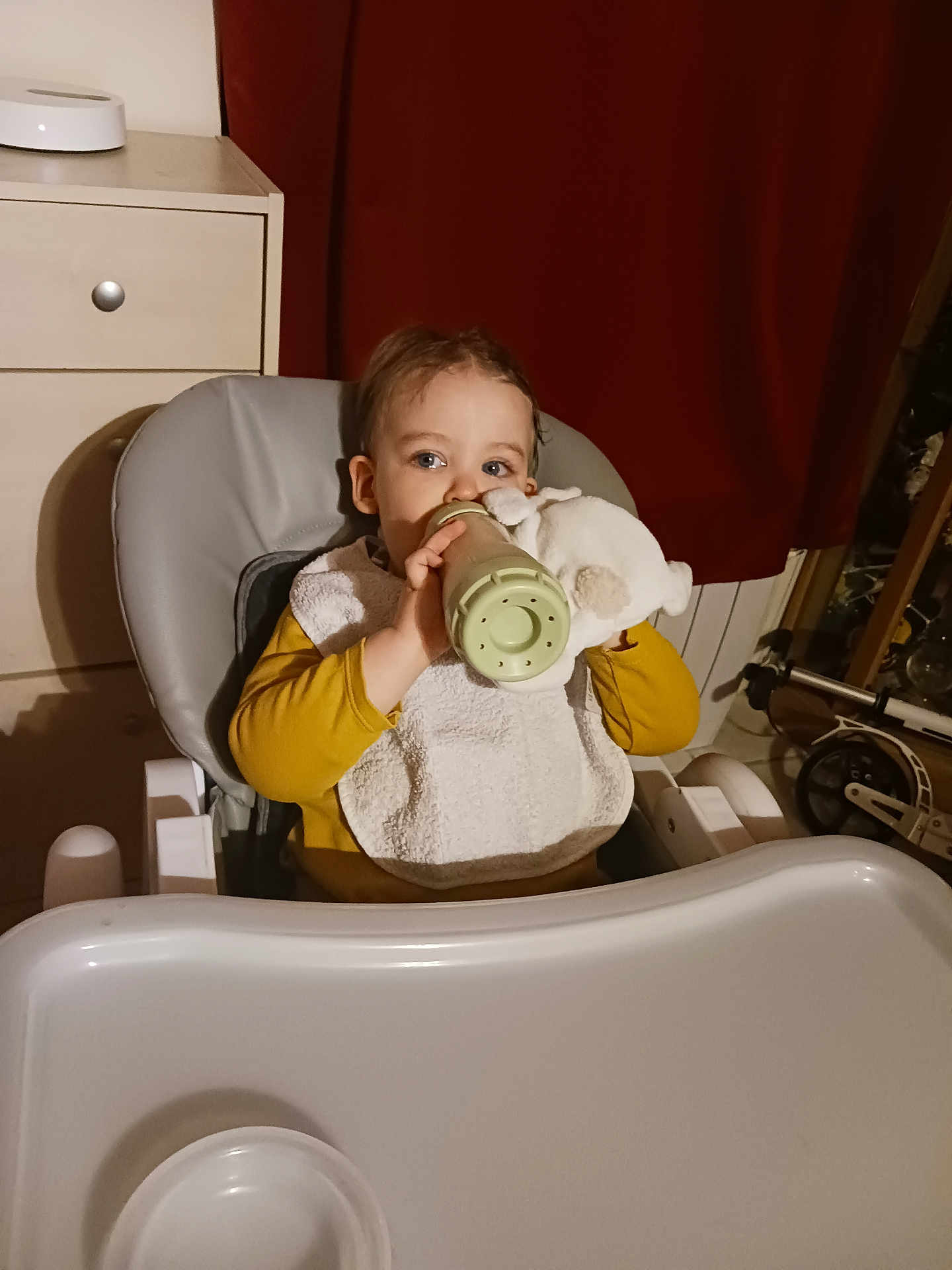 Ethan participe au concours pour gagner de l'argent avec cette photo : child, toddler, bottle, high_chair, bib, stuffed_animal, plush_toy, feeding, indoor, curtain, drawer, tray, chair, stroller_wheel, home, portrait, smile, hand, hair, dining