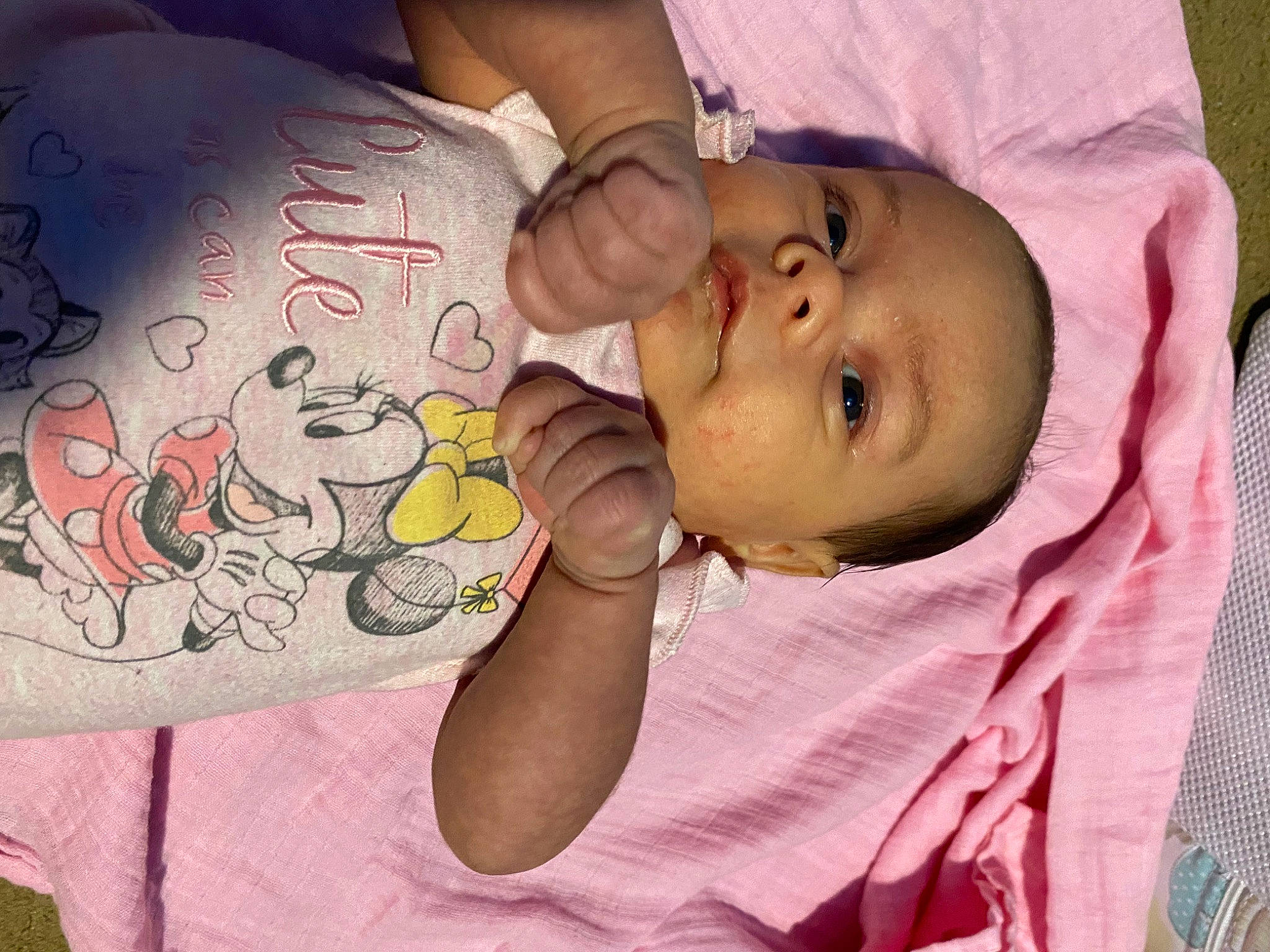 Khalani is registered to the contest to win money with this photo: baby, baby_toddler_clothing, cheek, child, comfort, ear, eyelash, finger, hand, happy, human_body, lip, mouth, nose, person, pink, skin, sleeve, smile, textile