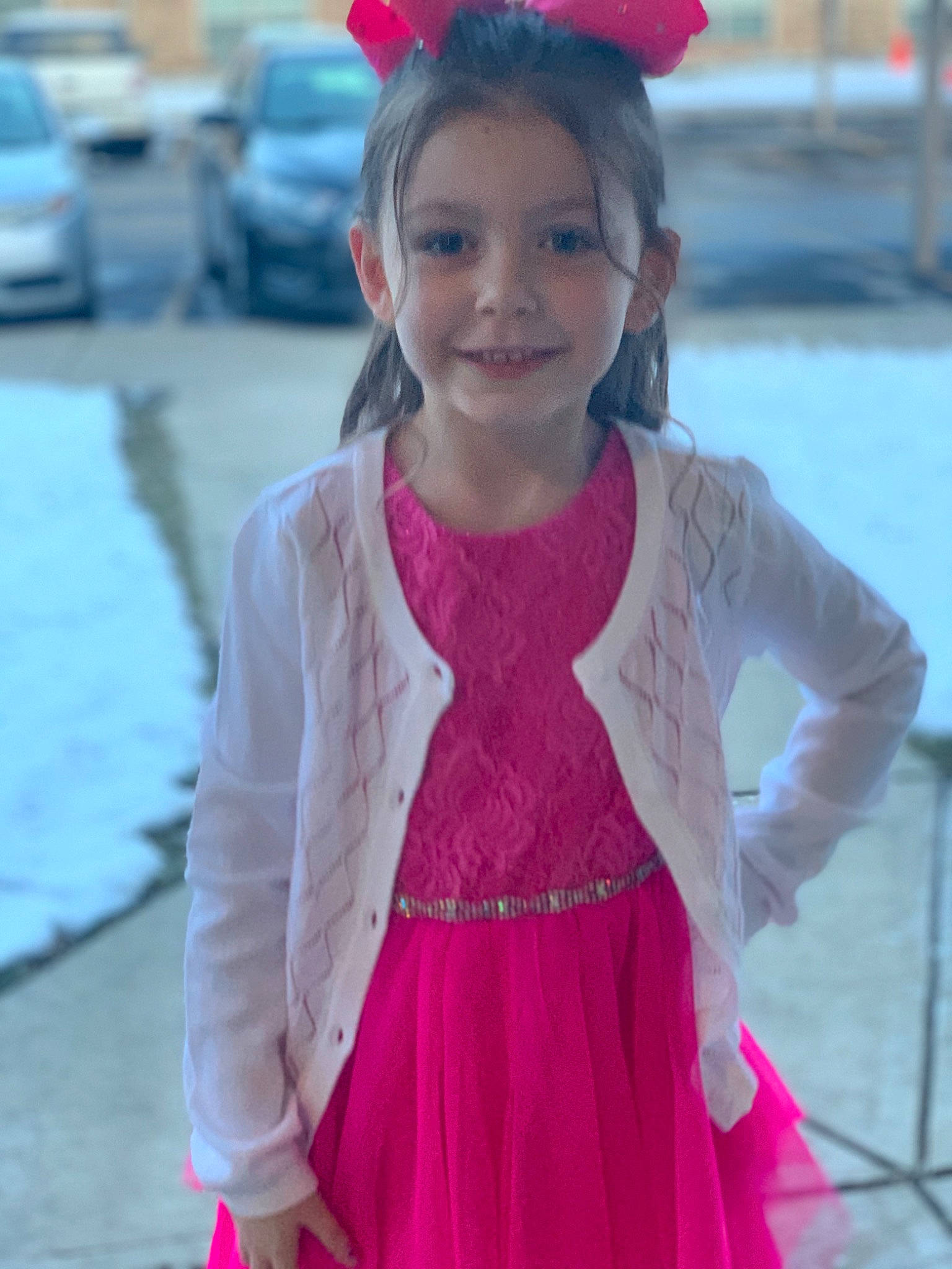Kinsleigh is registered to the contest to win money with this photo: child, child_model, clothing, dress, hair_accessory, headband, headgear, joy, magenta, outerwear, person, pink, smile, textile, toddler