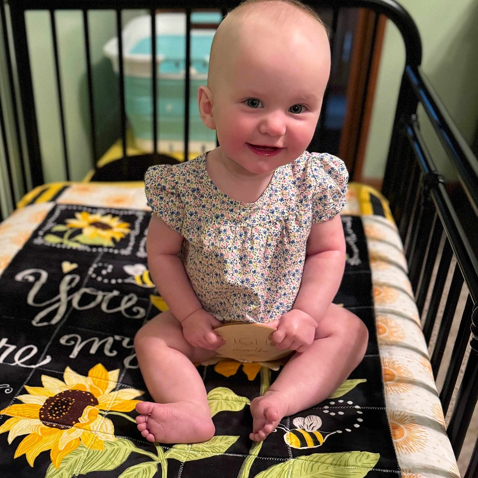 Ellis is registered to the contest to win money with this photo: baby, clothing, crib, cushion, dress, face, flower, furniture, happy, head, homedecor, infantbed, person, photography, plant, portrait, quilt, sitting, sleeve, sunflower