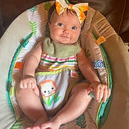Addison is registered to the contest to win money with this photo: baby, infant, child, headband, bow, striped_clothing, animal_print, baby_seat, leaf_pattern, colorful, happy, cute, smiling, indoors, soft_lighting, skin, legs, feet, hands, portrait