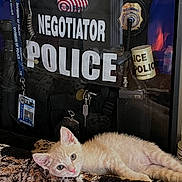 Hunter is registered to the contest to win money with this photo: animal, badge, blanket, calm, cat, cute, display, domestic, equipment, fur, indoor, keys, kitten, lanyard, lying_down, pet, police, resting, soft, vest