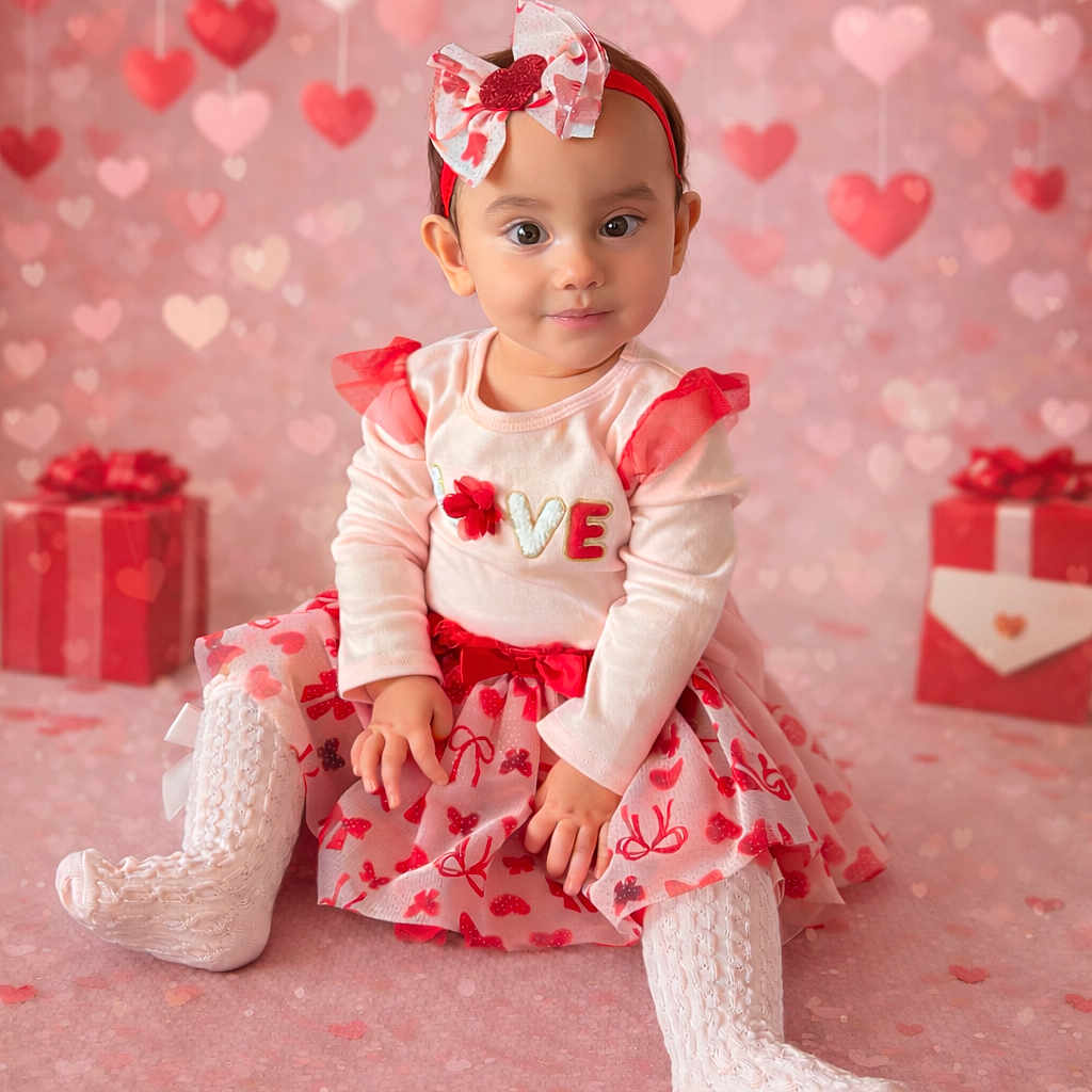 Eden is registered to the contest to win money with this photo: toddler, child, baby, pink, red, heart, bow, headband, dress, socks, gift_box, valentines_day, cute, sitting, portrait, indoor, decoration, holiday, celebration, smile