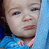 toddler, child, blue_towel, pouty_face, blue_eyes, wet_hair, outdoor, portrait, close_up, baby, cute, wrapped, clothing, skin, expression, person, young_child, natural_light, summer, water_droplets