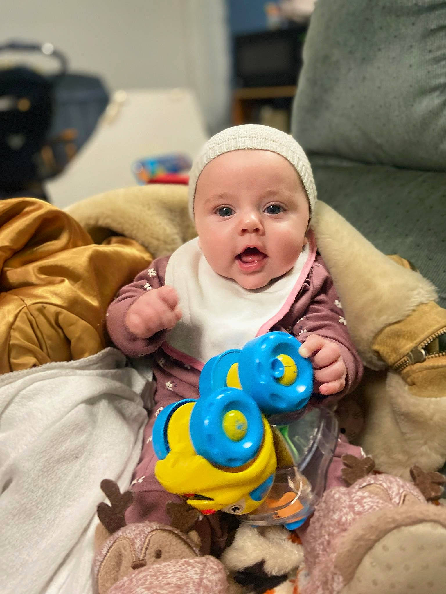 Elle joined the competition — help win amazing prizes! baby, baby_products, baby_toddler_clothing, baby_toys, cheek, child, comfort, fun, happy, linens, person, play, plush, room, sitting, skin, stuffed_toy, surprise, toddler, toy