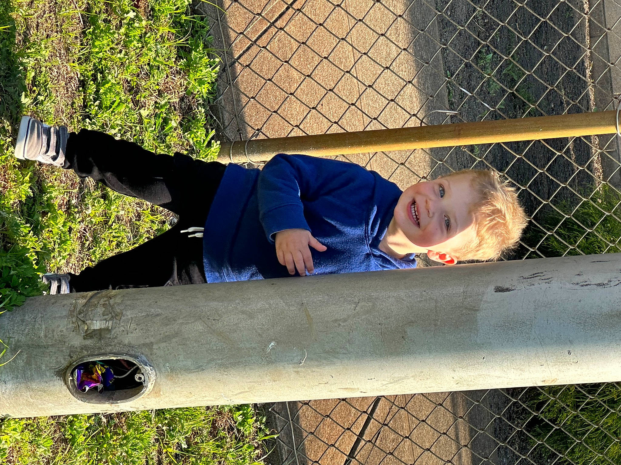 William is registered to the contest to win money with this photo: arm, chain_link_fencing, child, electric_blue, fence, fun, grass, joy, leisure, mesh, net, outdoor_shoe, people_in_nature, person, sitting, toddler, tree, wire_fencing