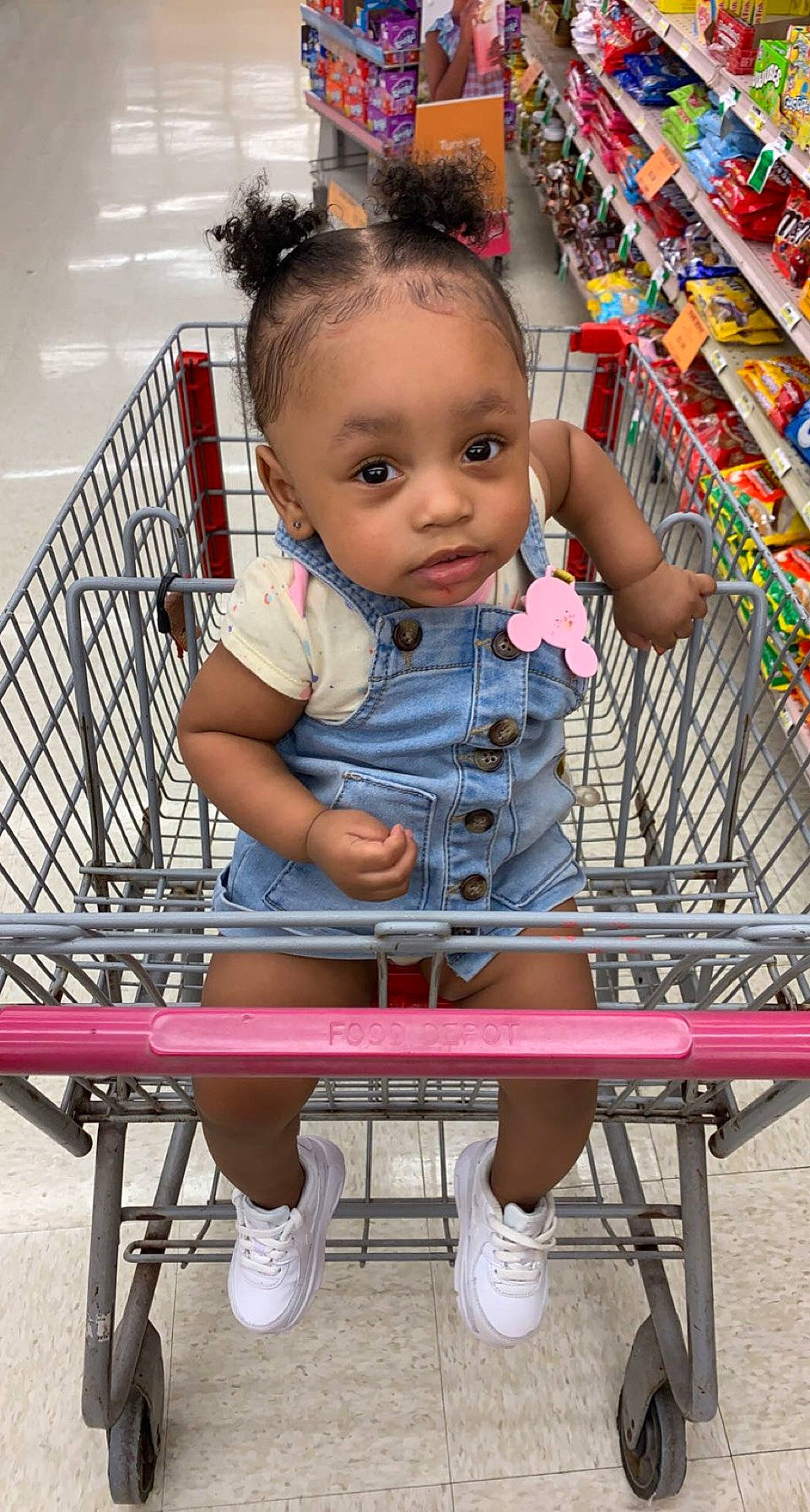 Annika joined the competition — help win amazing prizes! baby, baby_safety, baby_toddler_clothing, beauty, cart, child, fun, happy, leg, leisure, magenta, person, pink, product, shelf, shopping_cart, skin, standing, tire, toddler