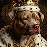 dog, portrait, crown, royal, king, costume, ermine_cape, jewelry, collar, gemstones, brown_fur, white_fur, serious, regal, indoor, ornate, fantasy, pet, close_up, text_overlay