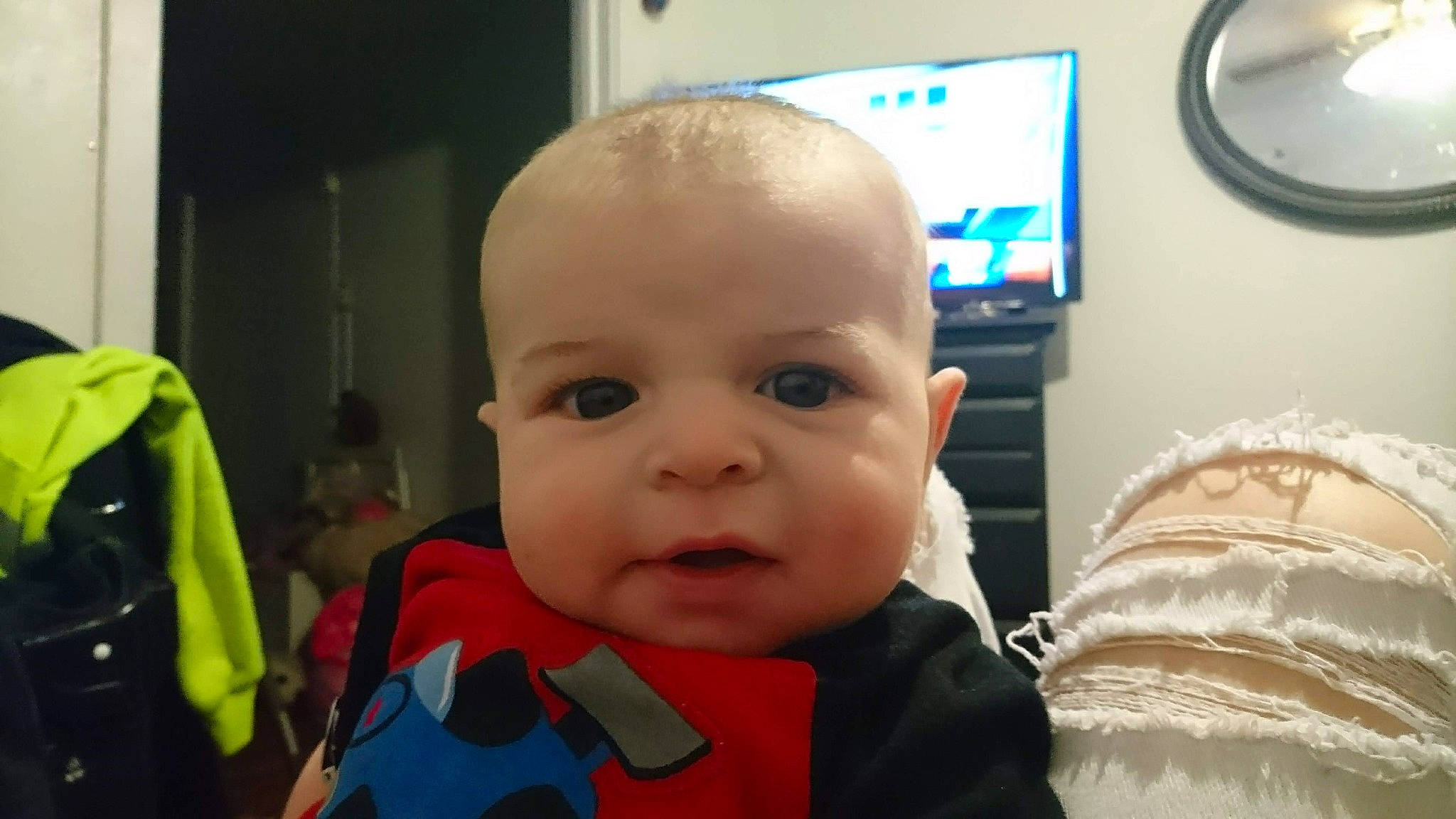 Wyatt joined the competition — help win amazing prizes! baby, baby_toddler_clothing, cheek, child, comfort, display_device, event, fun, happy, home_appliance, iris, nose, person, personal_protective_equipment, room, sitting, sleeve, television, television_set, toddler