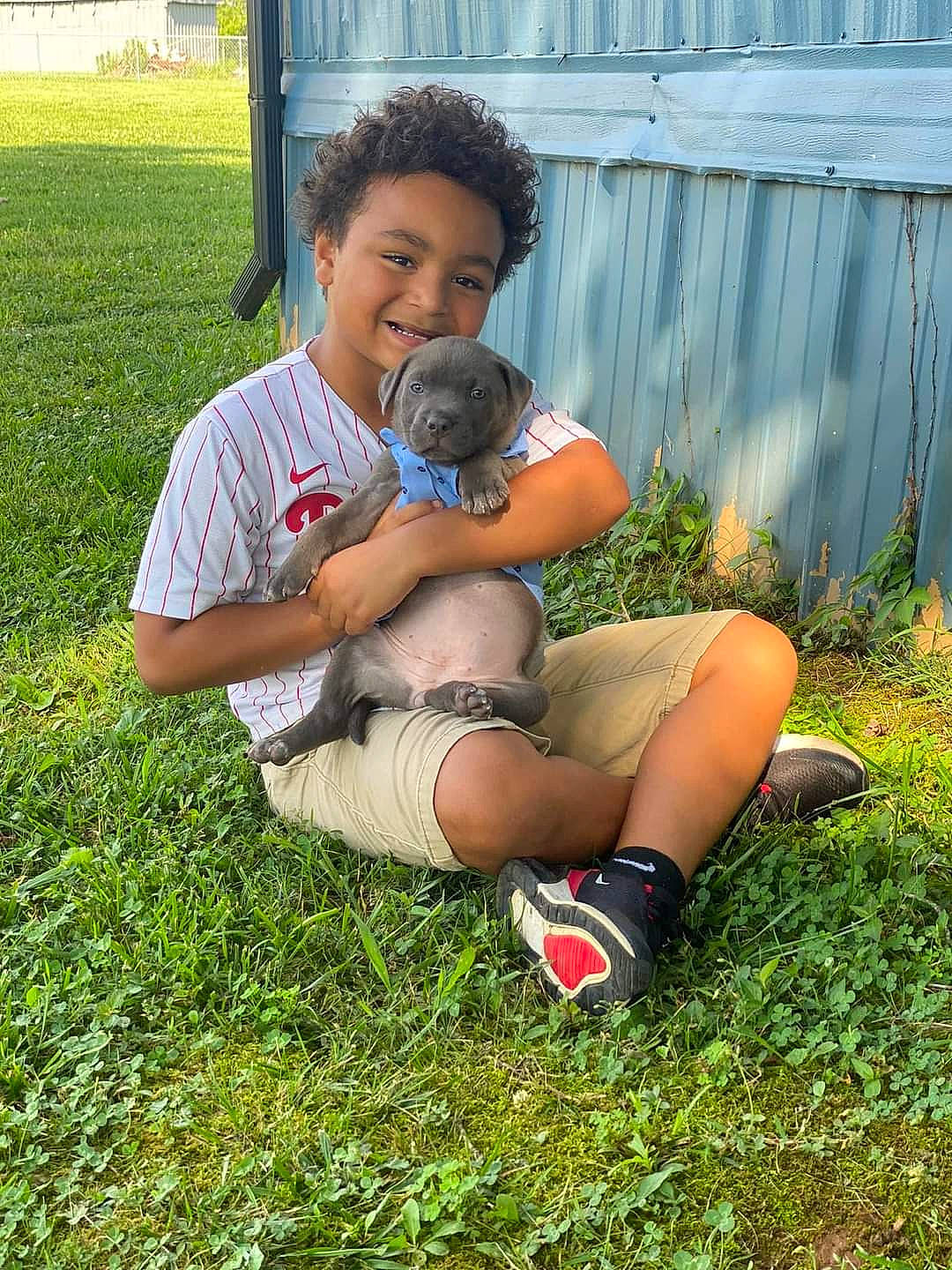 Braylon is registered to the contest to win money with this photo: companion_dog, fawn, fence, foot, fun, grass, grass_family, groundcover, happy, human_leg, joy, lawn, leg, leisure, people_in_nature, person, plant, shoe, shorts, smile