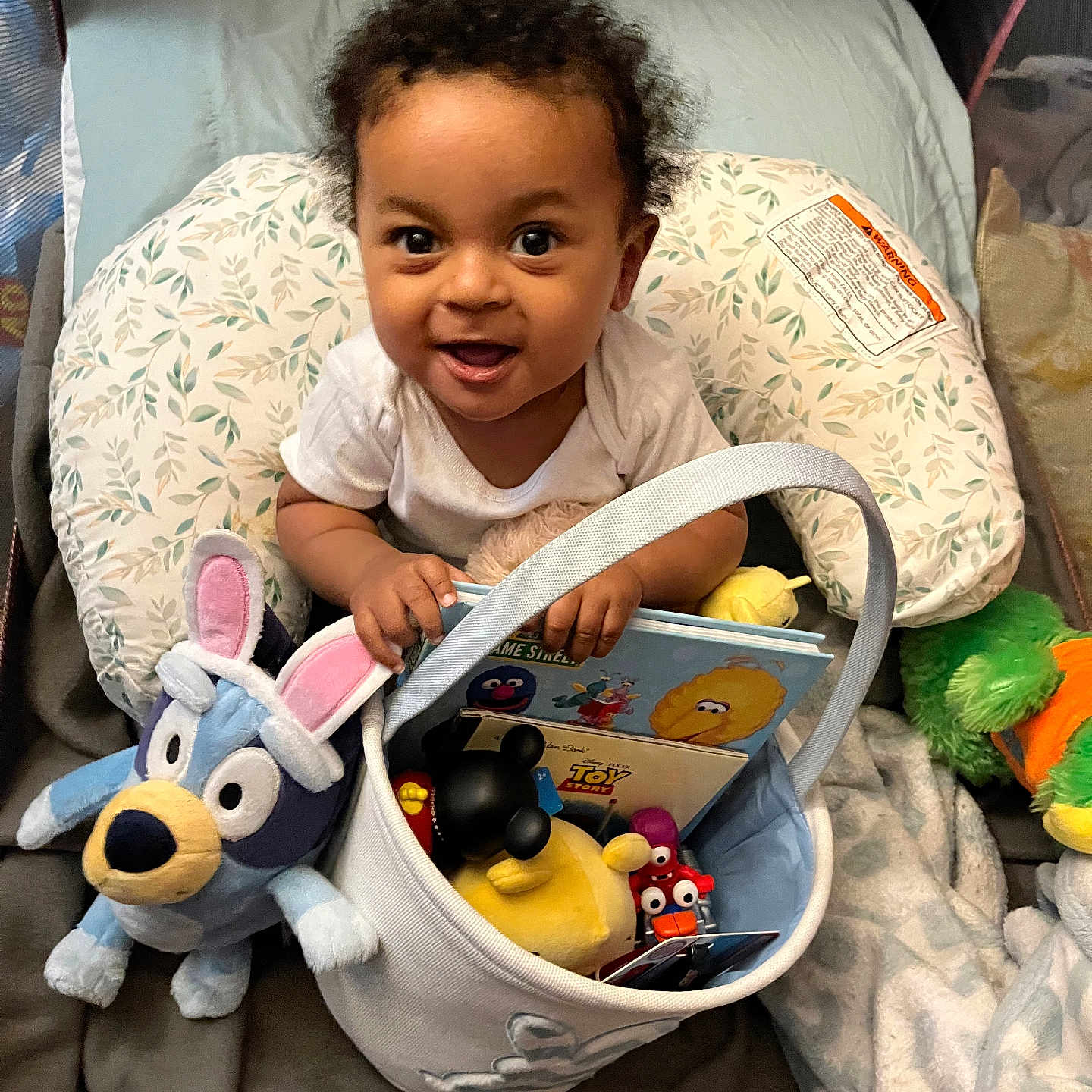 Tatum is registered to the contest to win money with this photo: baby, child, smiling, curly_hair, basket, toys, stuffed_animal, book, pillow, blanket, indoor, happy, cute, person, playpen, plush_toy, colorful, seated, infant, cozy